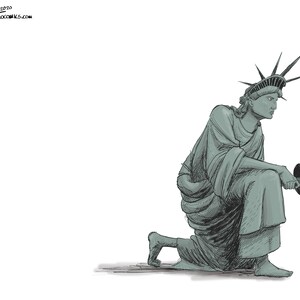 May include: A black and white illustration of the Statue of Liberty kneeling with her torch held out in front of her.