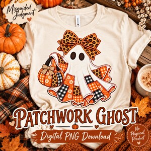 Patchwork Ghost PNG, Leopard Bow, Gingham Pumpkin Bag (Digital Download)