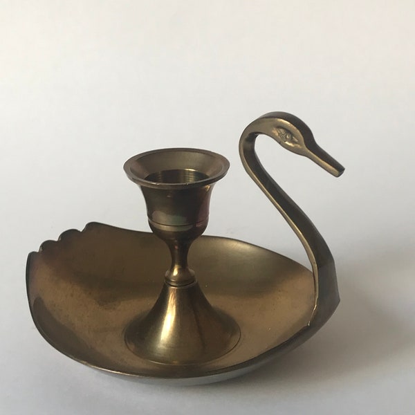 Vintage India Brass Swan Chamberstick Candlestick Holder, Gold Tone Incense Holder, Trinket Ring Dish