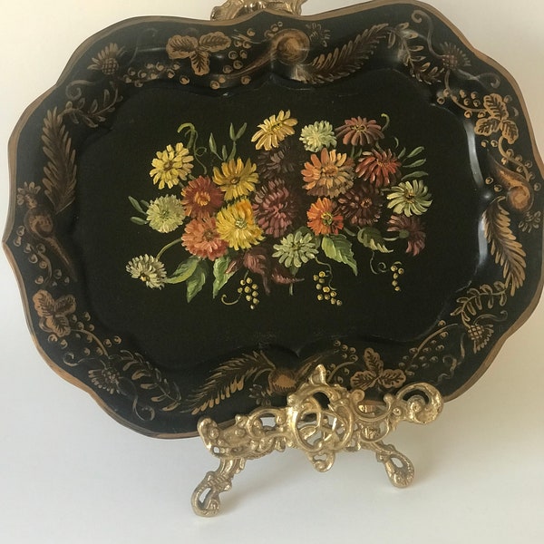 Vintage Hand Painted Metal Toleware Tray, Scalloped Rectangular Tin Serving Tray, Black with Orange and Mauve Floral Design