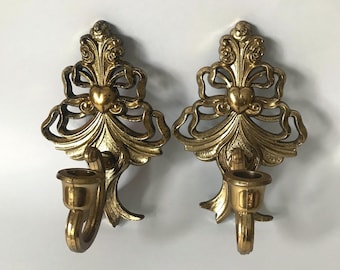 Set of 2 Vintage 1989 Gold HOMCO Heart & Bow Candle Sconces, Ornate Lightweight Candlestick Wall Décor