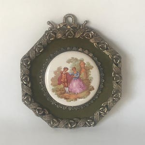 Limoges France Framed Porcelain Medallion, Fragonard Victorian Courting Couple Cameo, Antique Heavy Octagonal Silver Floral Rose Wall Art