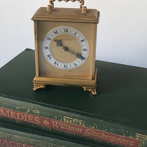 Imhof Bucherer Swiss Made Brass 8-Day Alarm Carriage Clock, Small Tabletop Manual Wind Clock, Working Condition