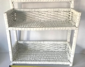 White Wicker 2-Tier Shelf, Vintage Boho Display