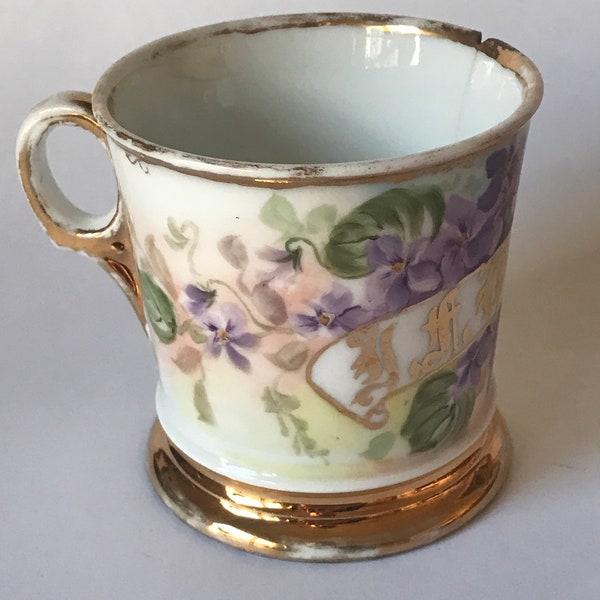 Antique Porcelain Personalized Shaving Mug with Hand Painted Flowers and Cartouche, Shabby Chic Planter