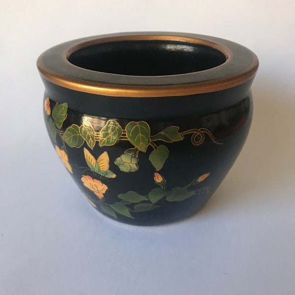 Vintage Black and Gold Chinoiserie Ceramic Plant Pot, Painted Floral China Cachepot