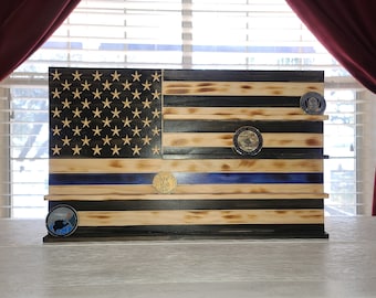 Thin Blue Line Challenge Coin Display: Wooden Police Coin Holder
