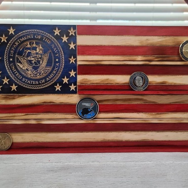 Navy Challenge coin Display/ American Flag Challenge Coin Display/ Navy Emblem On American Flag