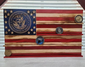 Navy Challenge coin Display/ American Flag Challenge Coin Display/ Navy Emblem On American Flag