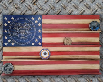 Coast Guard Challenge Coin Display: American Flag, Select Pine
