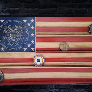Coast Guard Challenge Coin Display/ American Flag Challenge Coin Display/ Coast Guard Emblem on American Flag