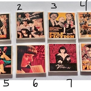 May include: A collection of eight small rectangular images featuring artwork from the movie "Pulp Fiction." The images showcase various scenes and characters, with the film's title prominently displayed in several designs. The color palette includes red, black, white, and yellow.