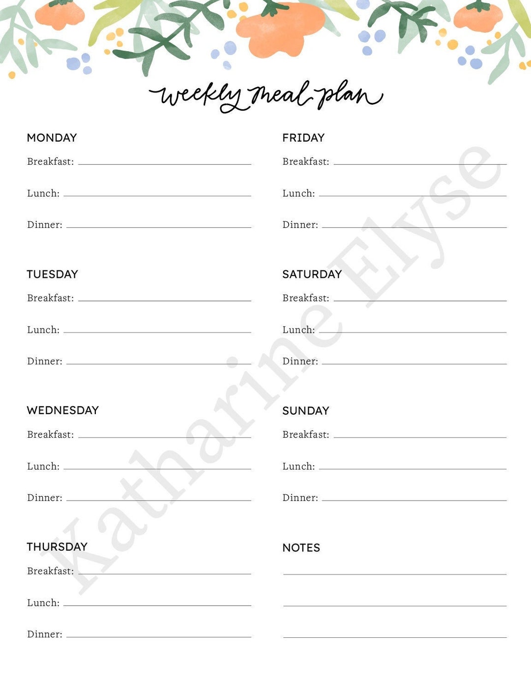 Floral Weekly Meal Plan Printable - Etsy