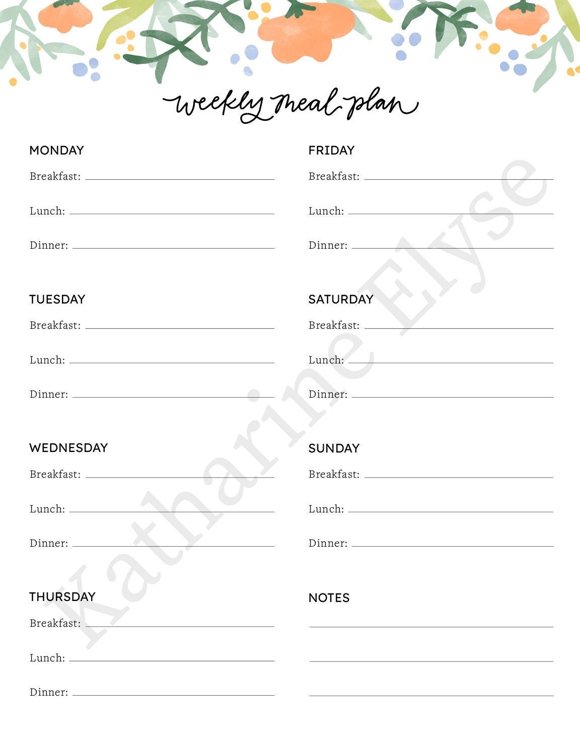 Floral Weekly Meal Plan Printable - Etsy