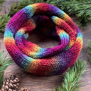 Knitted Infinity Scarf, Rainbow Scarf, Womans Scarf, Winter Scarf, Neck Warmer, Knitted Cowl, Knitted Scarf. Handmade in the UK.