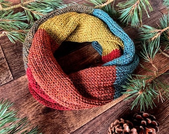 Knitted Infinity Scarf: Vegan Colour Block Neck Warmer, Autumn Tweed