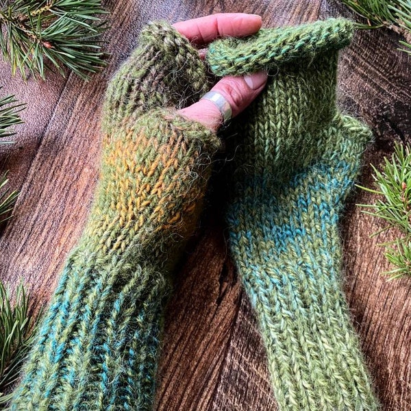 Fingerless Gloves, Green Knitted Gloves, Long Fingerless Mittens, Arm warmers, Hand knit gloves, Hand warmers