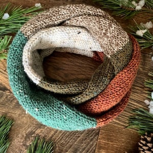 Infinity Scarf, Knitted Colour Block Scarf - Textured Browns & Green