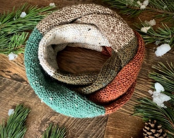 Knitted Infinity Scarf: Colour Block Scarf Textured Browns and Green