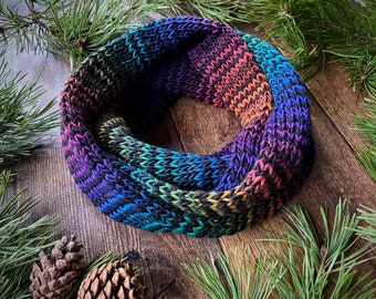 Knitted Infinity Scarf, Black & Rainbow Stripes, Winter Scarf, Rainbow Scarf, Knitted Scarf.