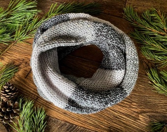 Knitted Infinity Scarf, Grey Colour Block Scarf, Tweed Scarf