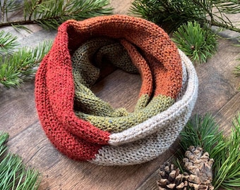 Knitted Infinity Scarf: Vegan Colour Block Neck Warmer, Woodland Tweed