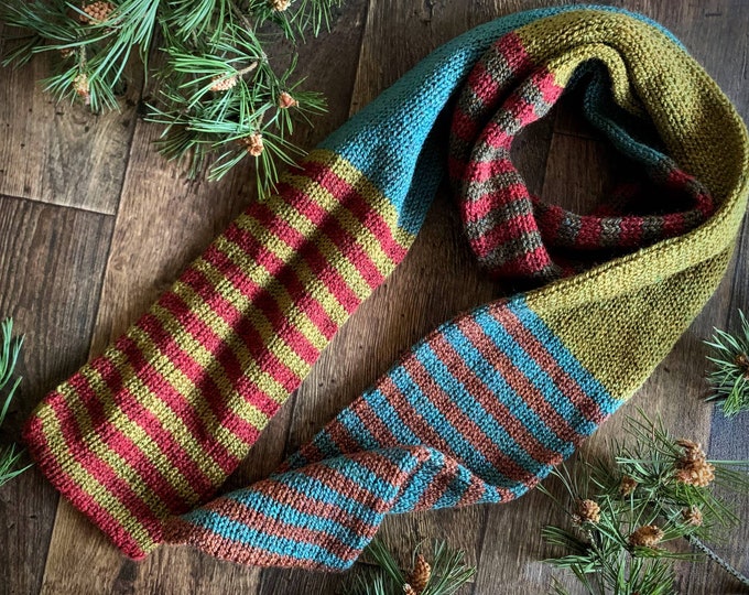 Knitted Stripe Long Scarf: Vegan Colour Block Stripes Autumn Tweed