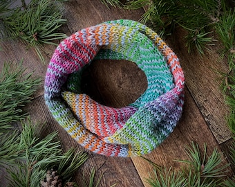 Knitted Infinity Scarf, Grey & Rainbow Stripes, Winter Scarf, Rainbow Scarf, Knitted Scarf.