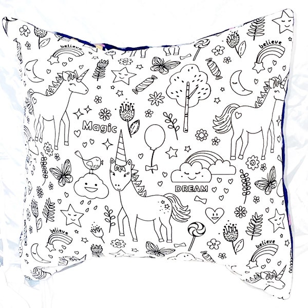 Color Me Pillow for Children,  Dreamy Fantasy, Washable, Reusable, Kids Coloring, Unicorn