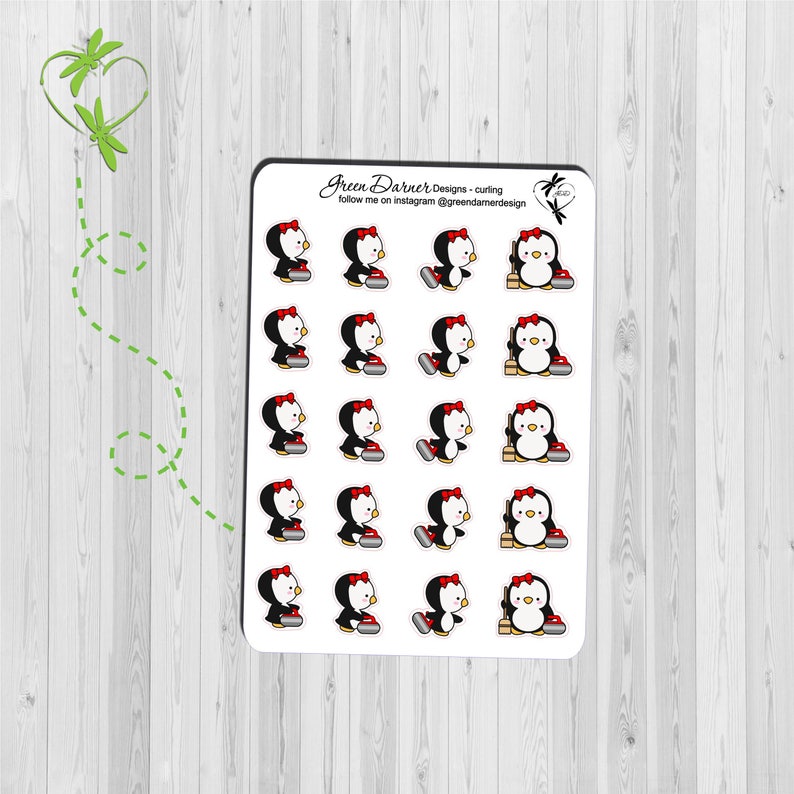 Pearl the Penguin Curling sports winter sports functional planner stickers Happy Planner, Erin Condren Green Darner Designs image 1