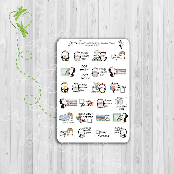 Pearl the Penguin - Random Chores - functional planner stickers - Happy Planners, Erin Condren, Hobo, cleaning, home maintenance