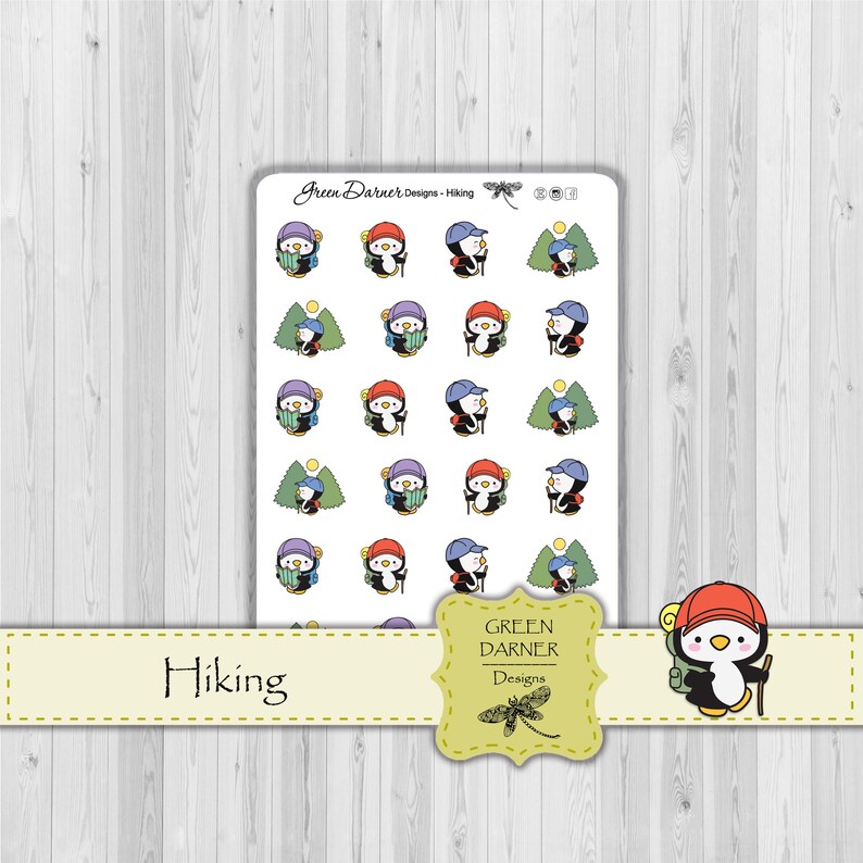 Pearl the Penguin HIKING functional fitness planner stickers Happy Planners, Erin Condren, walk, fitness, explore image 1