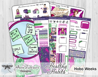 Hobo Weeks, HEALTHY HABITS, weekly planner sticker kit, fitness, exercise, health, workout, decorative planning, self care