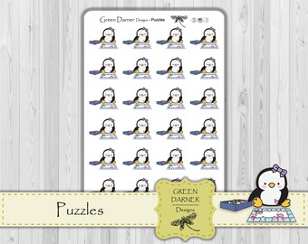 Puzzles - Pearl the Penguin, planner sticker, icon tracker,  Happy Planner, Erin Condren, Kawaii, character, family time, game night