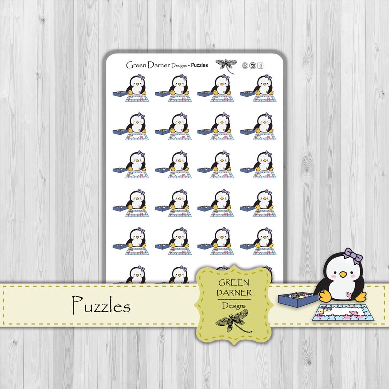 Puzzles Pearl the Penguin, autocollant planificateur, tracker icône, Happy Planner, Erin Condren, Kawaii, personnage, temps de famille, nuit de jeu image 1