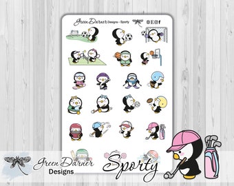 Pearl the Penguin SPORTY functional planner stickers, fitness, health, sports, golf, skiing, football, tennis, baseball, swimming, soccer