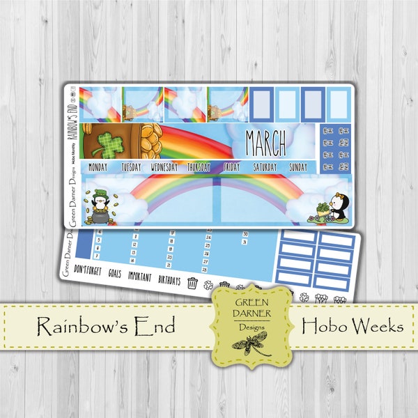 Hobonichi Weeks - RAINBOW'S END - March 2021, calendar, spring, Pearl the Penguin - choose a month - shamrock - pot of gold