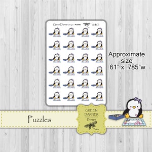 Puzzles Pearl the Penguin, autocollant planificateur, tracker icône, Happy Planner, Erin Condren, Kawaii, personnage, temps de famille, nuit de jeu image 2