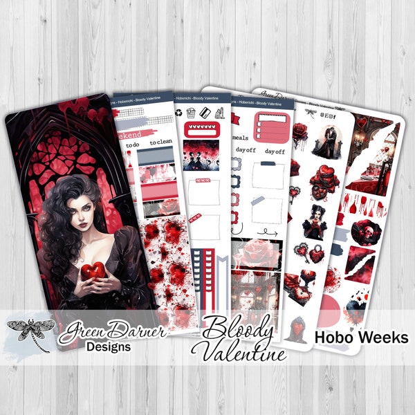 Hobo Weeks BLOODY VALENTINE weekly planner sticker kit, love, romance, gothic Valentine's Day