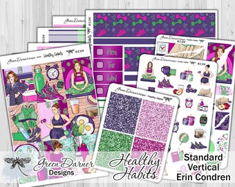 Standard Vertical HEALTHY HABITS weekly planner sticker kit, fitness, exercise, health, workout, decorative planning, self care