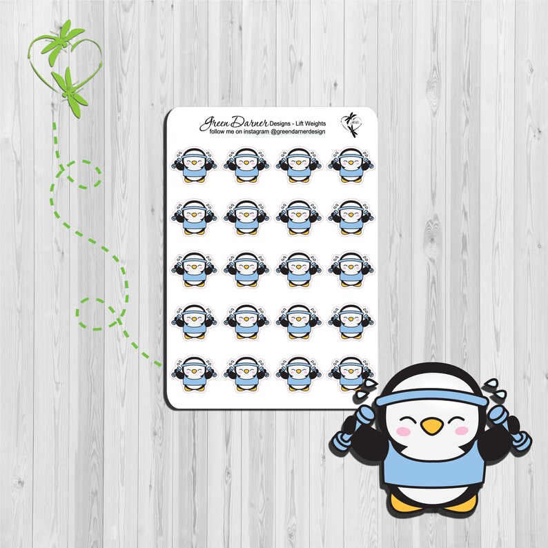 Pearl the Penguin Lift weights, Fitness/workout Happy Planner stickers, Erin Condren, Green Darner Designs, weight lifting, exercise image 1