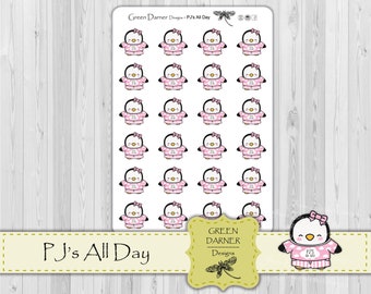 PJ’s All Day - Pearl the Penguin, icon tracker, planner sticker, Happy Planner, Erin Condren, Kawaii, character, lazy day, chillin, relax