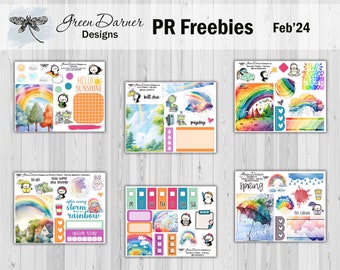 February 2024 PR sampler, Functional sample planner stickers, Happy Planner, Erin Condren, rainbow, rain, watercolor, spring