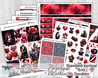 Standard Vertical BLOODY VALENTINE weekly planner sticker kit, love, romance, gothic Valentine's Day