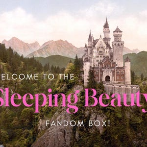 May include: Image of a castle on a mountain with the text "WELCOME TO THE Sleeping Beauty FANDOM BOX!" in pink. The castle is white and gray with multiple towers. The background features mountains and trees.