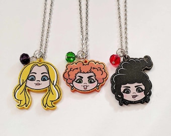 Sanderson Sister Inspired Cartoon Charm Necklace, Hocus Pocus Cartoon Necklace, Halloween Charm Necklace