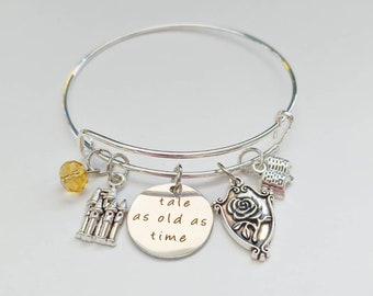 Beauty and the Beast Bangle Bracelet, Beauty and the Beast Jewelry, Princess Charm Bracelet