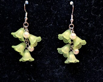 Pearl & Green Flowers Dangle Earrings, Spring Vibe