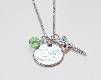 Tinkerbell Inspired Necklace, Fairy Necklace, Charm Necklace, Disc Necklace