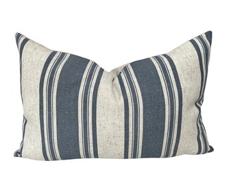 Rustic Blue Stripe Grain Sack Pillow Cover